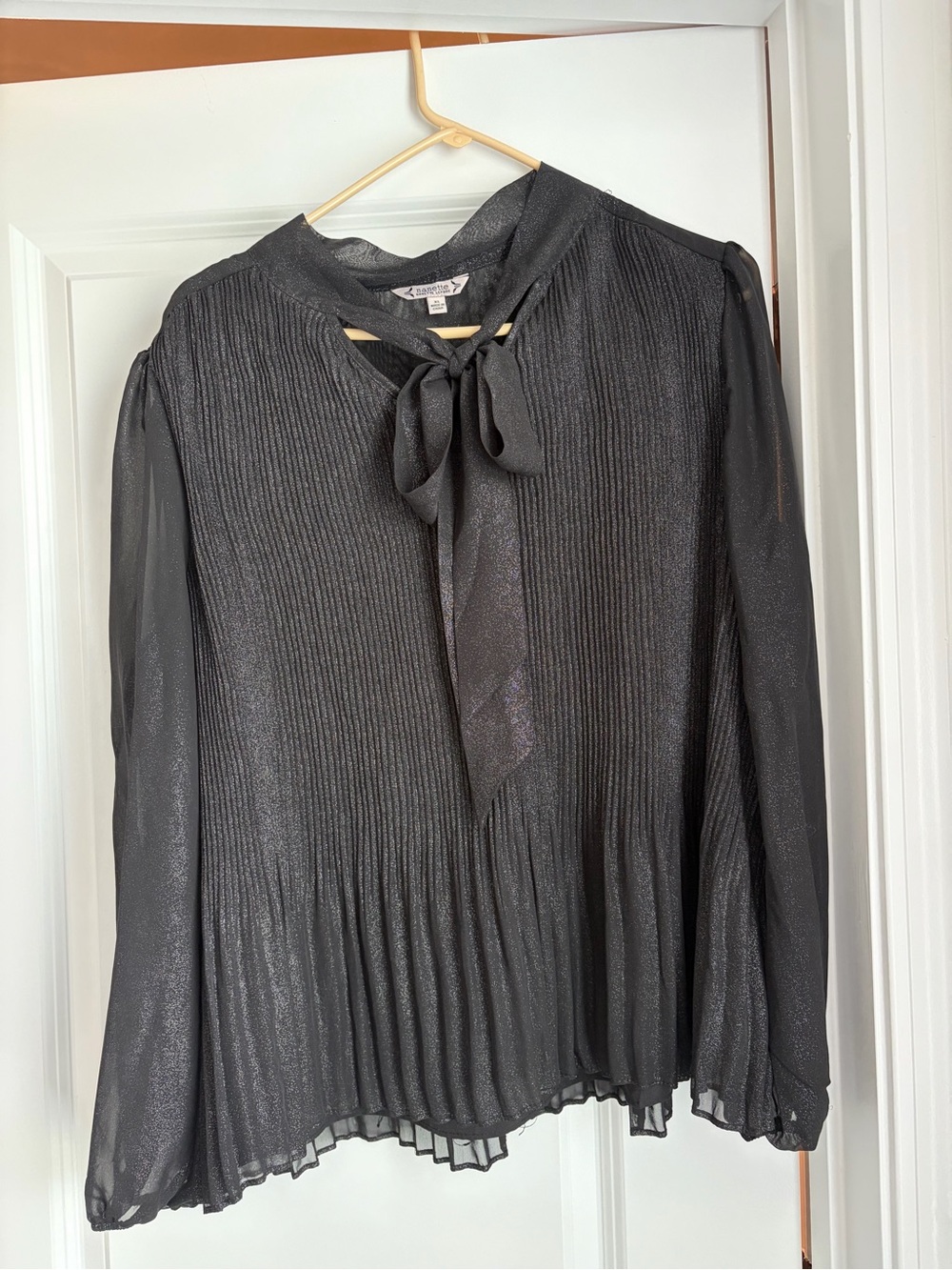 Nanette Lepore Metallic Black Pleated Tie-Neck Blouse
